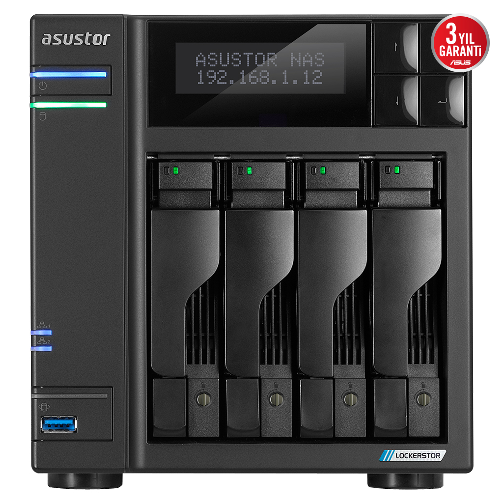 ASUSTOR AS6704T, 4Gb DDR4 Ram, 4 Yuvalı (4x22TB Destek), 4xM.2, PCI-e, 2x2.5GbE Network, 2xUSB 3.2, Tower NAS (Yedekleme) Cihazı