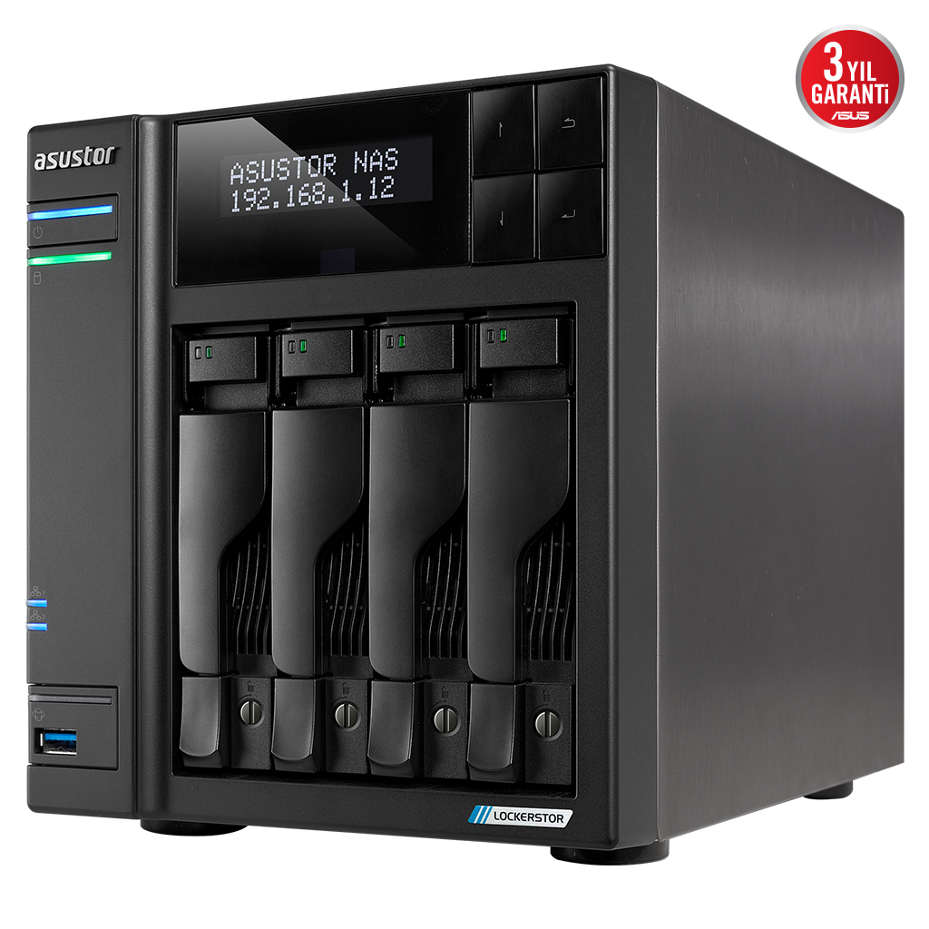 ASUSTOR AS6704T, 4Gb DDR4 Ram, 4 Yuvalı (4x22TB Destek), 4xM.2, PCI-e, 2x2.5GbE Network, 2xUSB 3.2, Tower NAS (Yedekleme) Cihazı