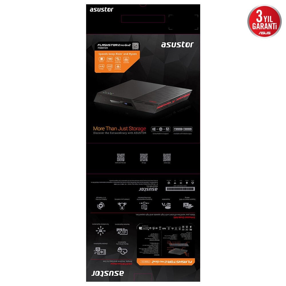 ASUSTOR126diskli (Nvme Disk) RTyzen V3C14-4GB RAM-2x10GbE Nas Server Flashstor 12 Pro Gen2 FS6812X