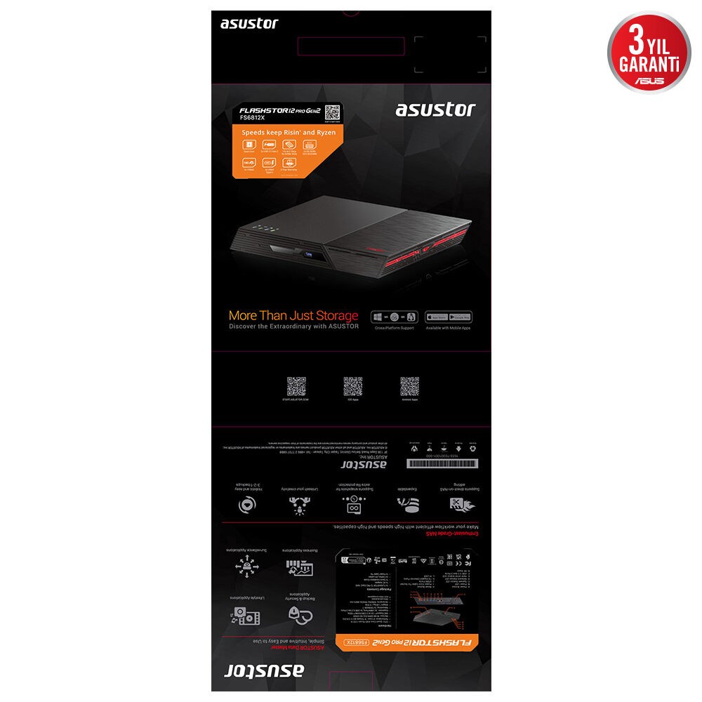 ASUSTOR126diskli (Nvme Disk) RTyzen V3C14-4GB RAM-2x10GbE Nas Server Flashstor 12 Pro Gen2 FS6812X