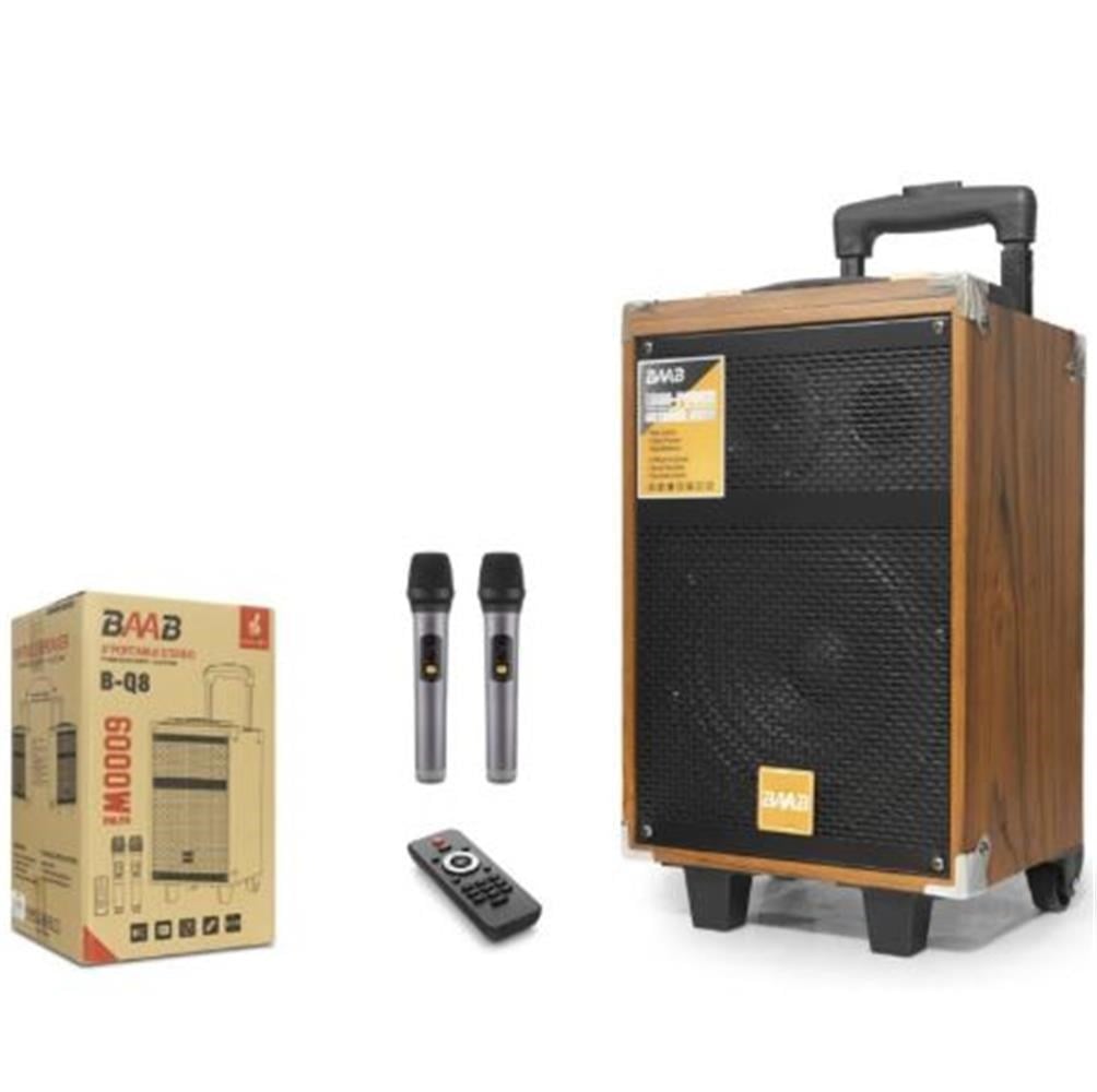 BAAB BQ8 Çift Karaoke Mikrofonlu Bluetooth Hoparlör FM Radyo 40W 8 İnç Kumandalı Ahşap