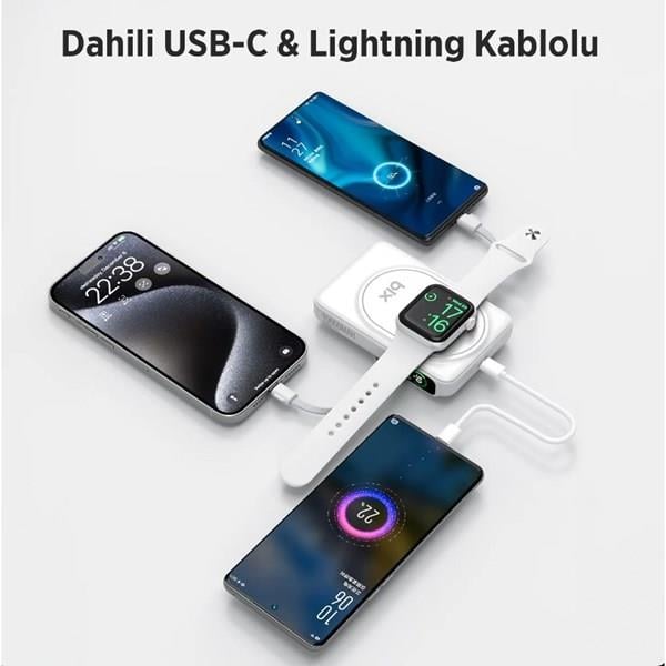 BİX 10000mAh TPB16-WE 6'SI 1 ARADA OLED EKRANLI Beyaz KABLOSUZ POWERBANK