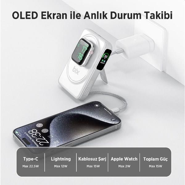 BİX 10000mAh TPB16-WE 6'SI 1 ARADA OLED EKRANLI Beyaz KABLOSUZ POWERBANK