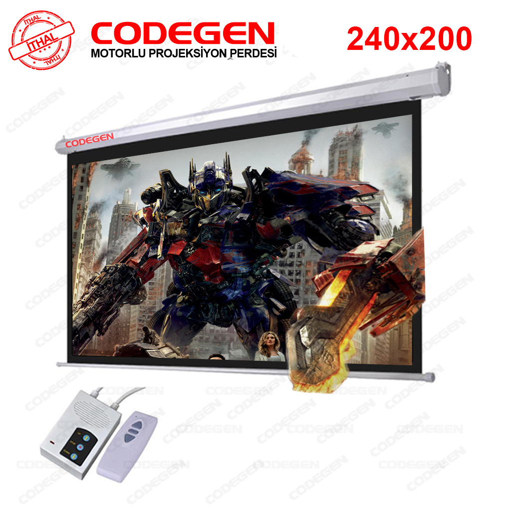 Codegen EX-24 MOTORLU PROJEKSİYON PERDESİ 240x200 Elektrikli Uzaktan Kumandalı (Arkası Siyah Fonlu - Duvar/Tavan Asılabilir)