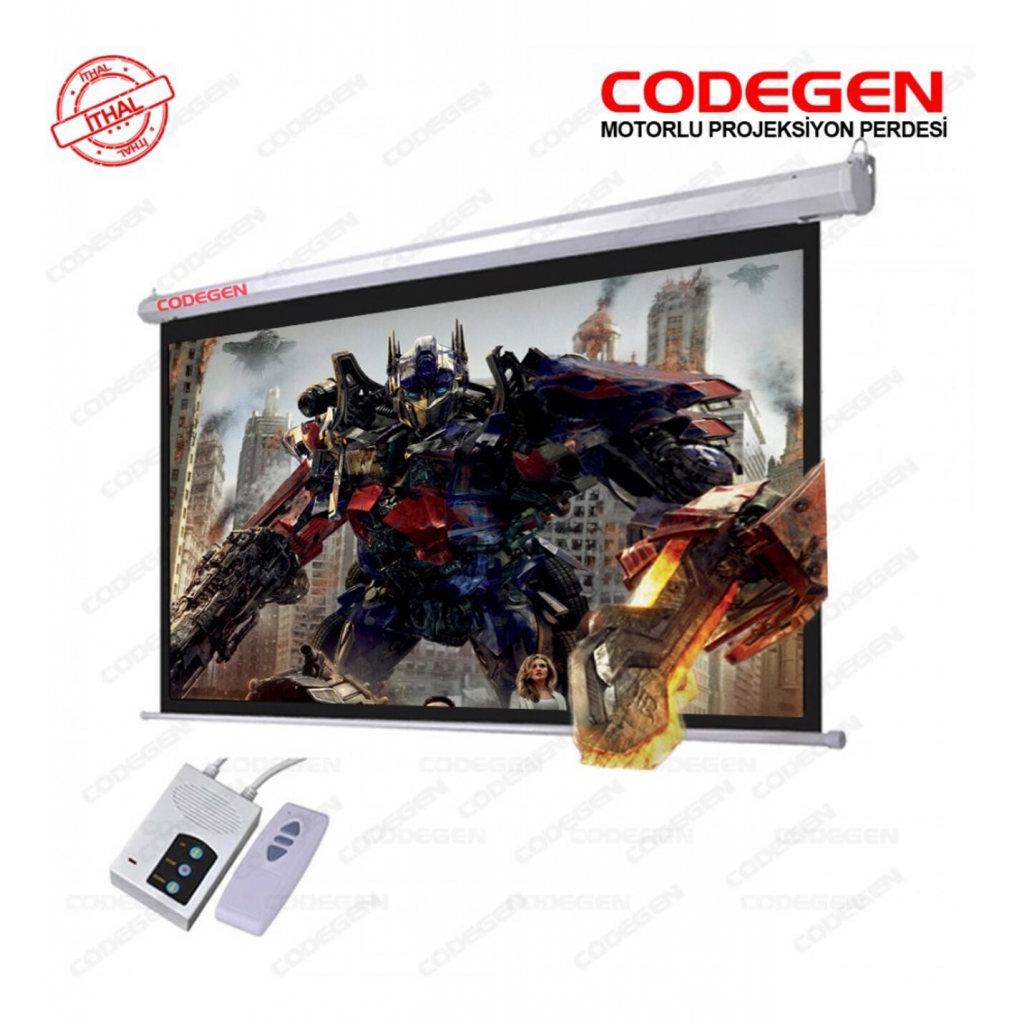 Codegen EX-24 MOTORLU PROJEKSİYON PERDESİ 240x200 Elektrikli Uzaktan Kumandalı (Arkası Siyah Fonlu - Duvar/Tavan Asılabilir)