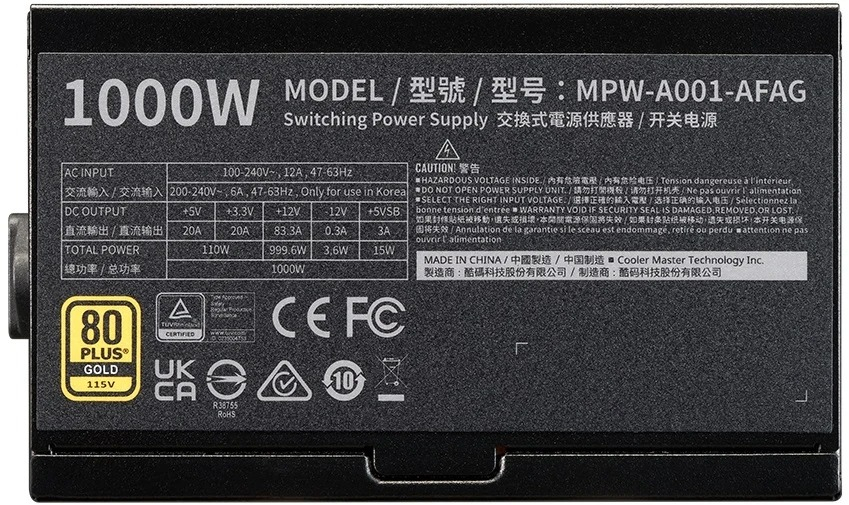 COOLERMASTER 1000W 80+ GOLD 12cm Fanlı Full Moduler Power Supply MPW-A001-AFAG-BEU