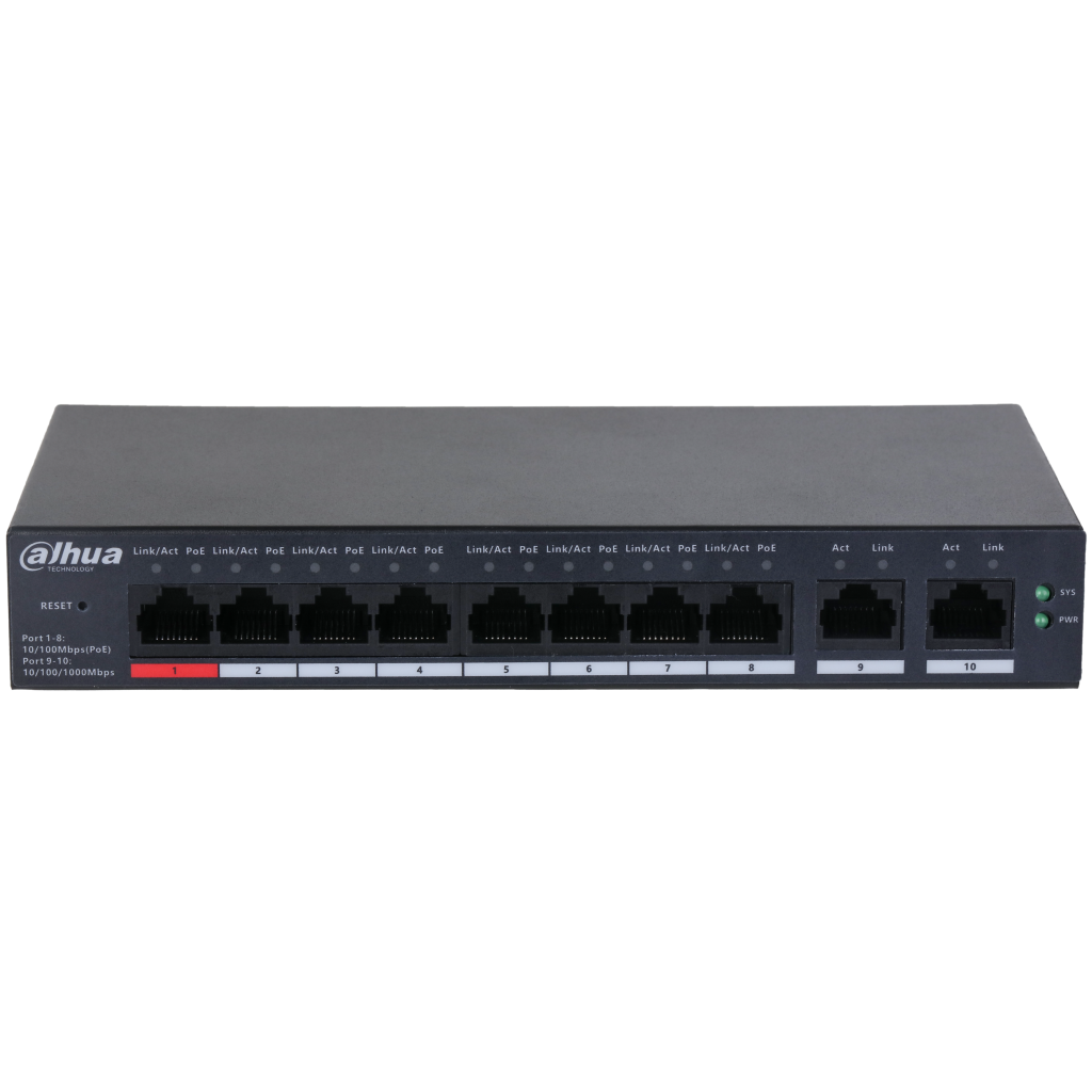 DAHUA CS4010-8ET-110, 8 Port, Megabit, 8 Port PoE, 110W, +2 Port Uplink, Cloud Yönetilebilir, Switch