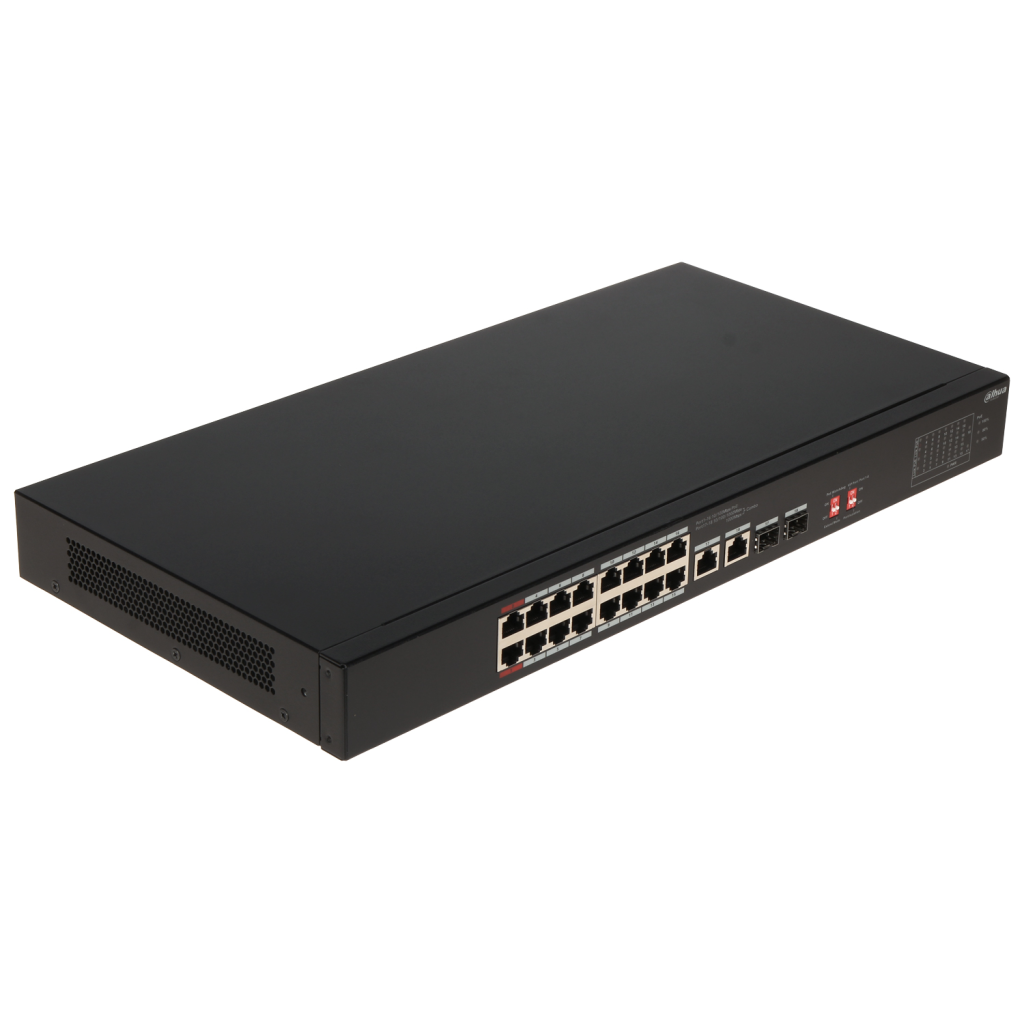 DAHUA S3218-16ET-135 , 16 Port, Megabit, 16 Port PoE, 135W, +2 Port Gigabit SFP, +2 Port GigaBit Uplink, Longe Range 250Mt.,  Yönetilemez, Rack Mount Switch