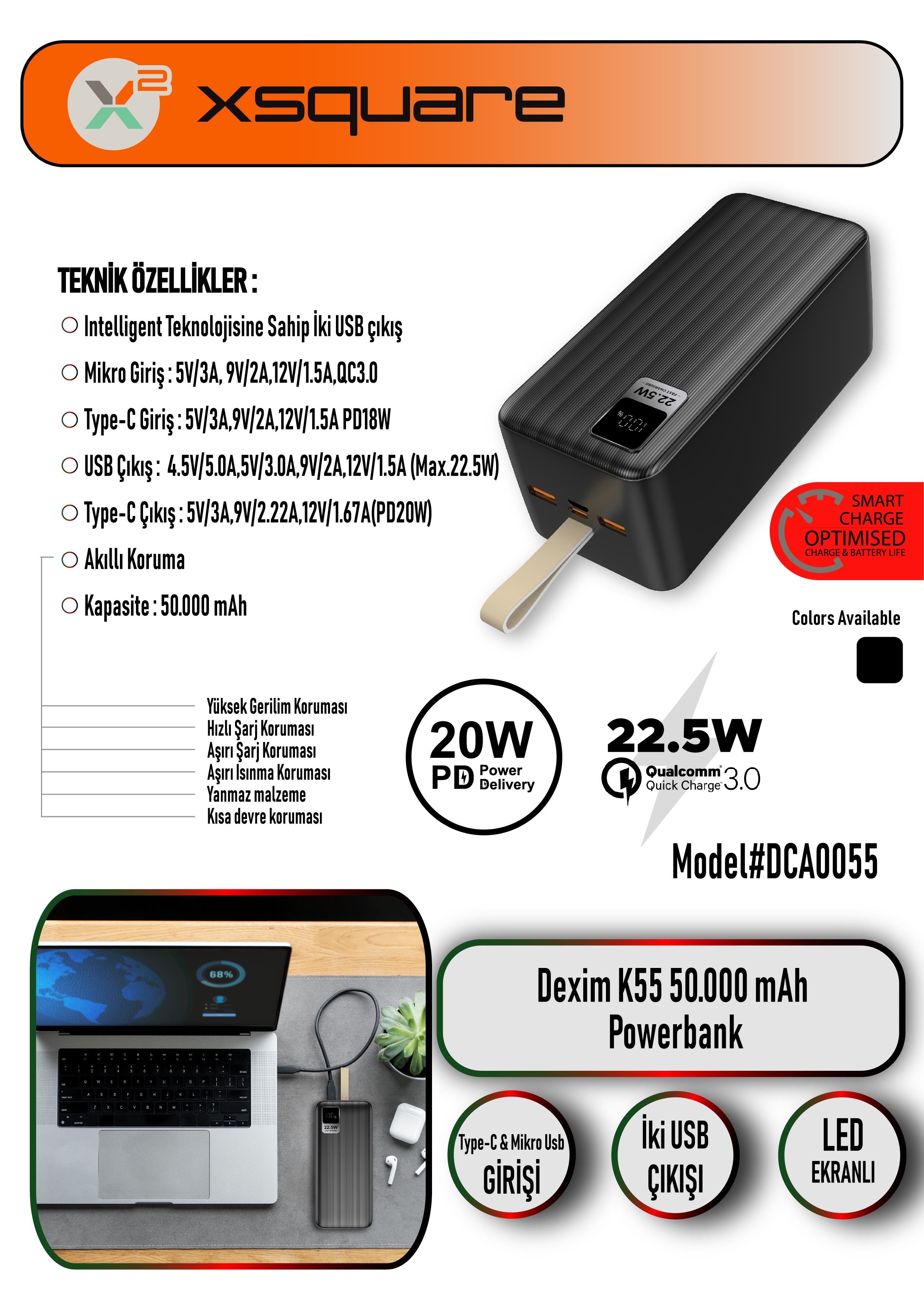 DEXİM DCA0055 K55 50.000 MAH POWERBANK DİGİTAL GÖSTERGE 22.5W HIZLI ŞARJ TYPE-C&MİCRO 2USBDEXİM DCA0055 K55 50.000 MAH POWERBANK DİGİTAL GÖSTERGE 22.5W HIZLI ŞARJ TYPE-C&MİCRO 2USBDeximPower BankB04863