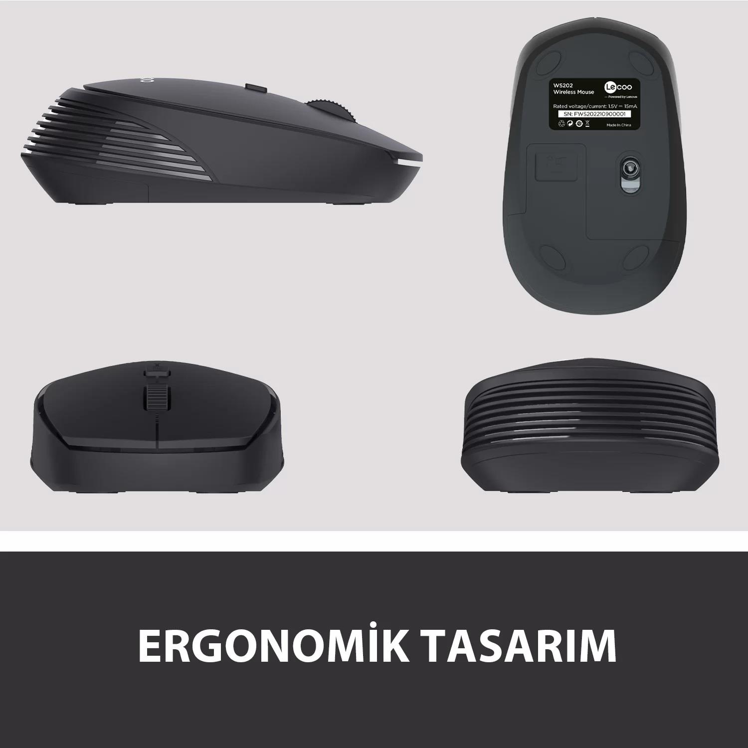 LENOVO LECOO WS202 KABLOSUZ 1200DPİ OPTİC SİYAH MOUSELenovoMouseB04821