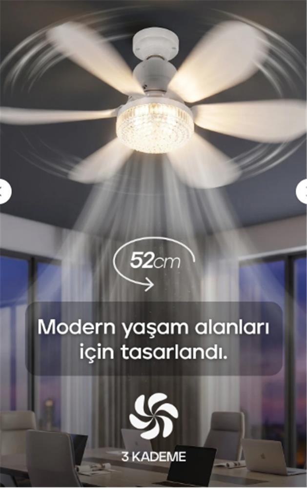 Feny Fn-F82 Zefira 3 Kademe Ultra Sessiz Uyku Mod 3000k-6500K Kristal Led Tavan Vantilatörü Kumanda