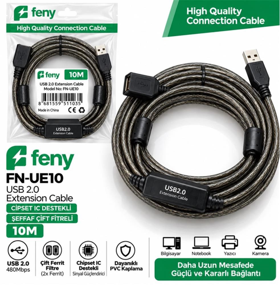 Feny FN-UE10 10mt Usb Uzatma Kablo 2.0 Extension Cipsed Destekli Çift Filtreli