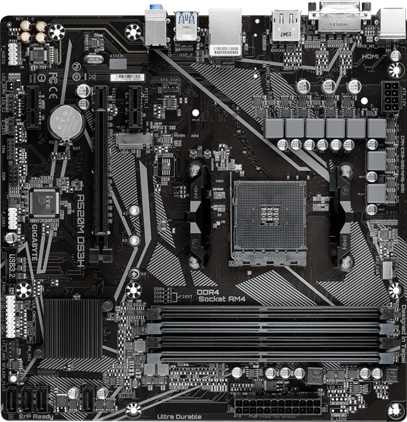 GIGABYTE A520M-DS3H DDR4 M2 PCIe NVME HDMI DVI DP PCIe 16X v3.0 AM4 mATX