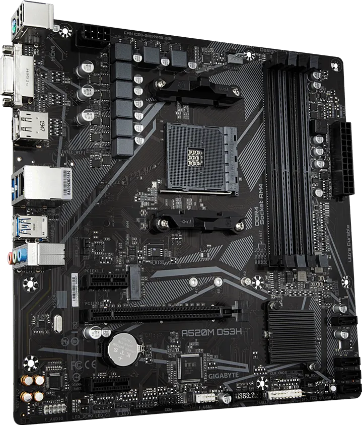 GIGABYTE A520M-DS3H DDR4 M2 PCIe NVME HDMI DVI DP PCIe 16X v3.0 AM4 mATX