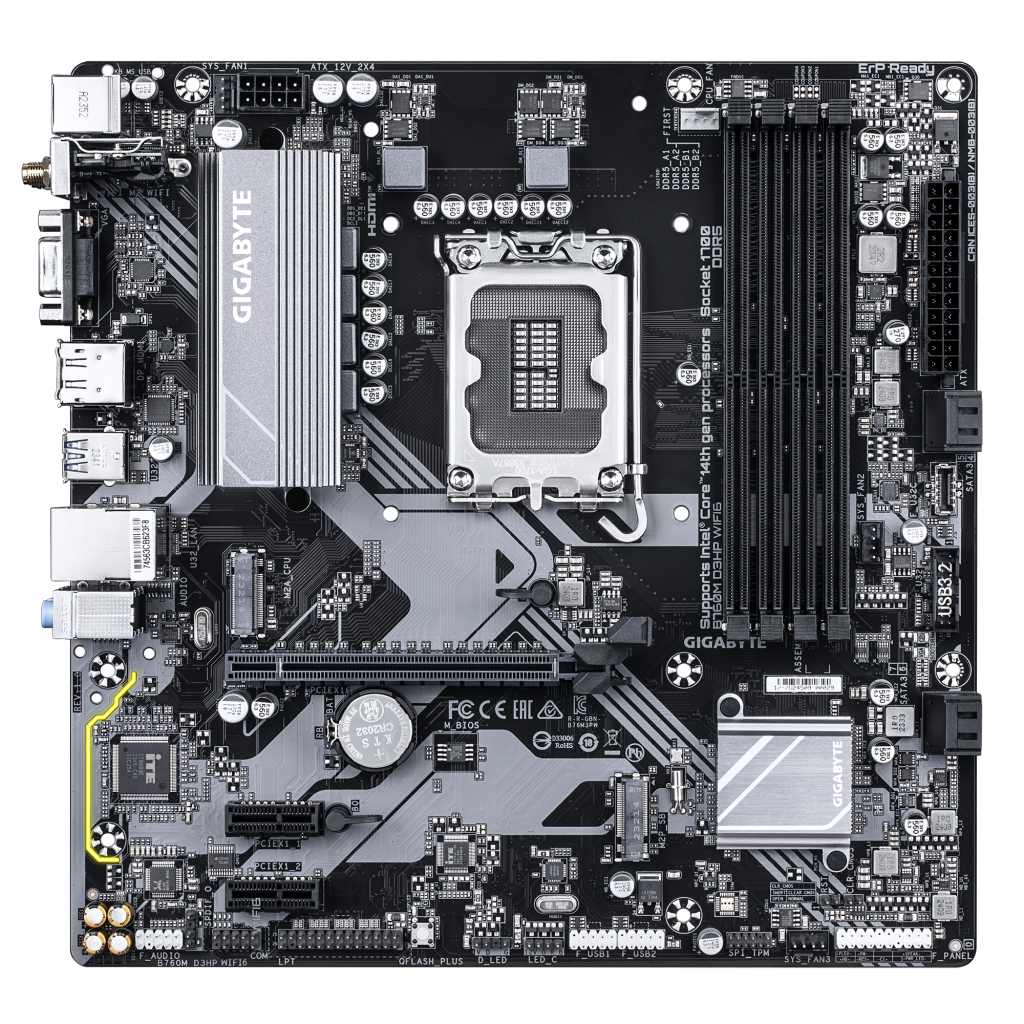GIGABYTE B760M D3HP WIFI6, 4xDDR5, 2xM.2, DP, HDMI, VGA, Wi-Fi 6E, Bluetooth v5.3, 12-13.14.Nesil, LGA1700 Soket, Anakart