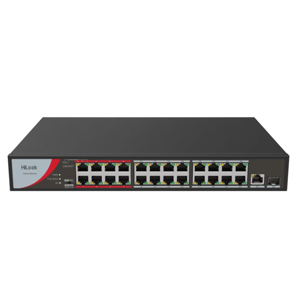HILOOK NS-0326P-230(B), 26Port, Megabit, 24 Port PoE, 230W, +1 Port GigaBit, +1 Port GigaBit SFP, Long Range 250Metre, Yönetilemez, Masaüstü Switch