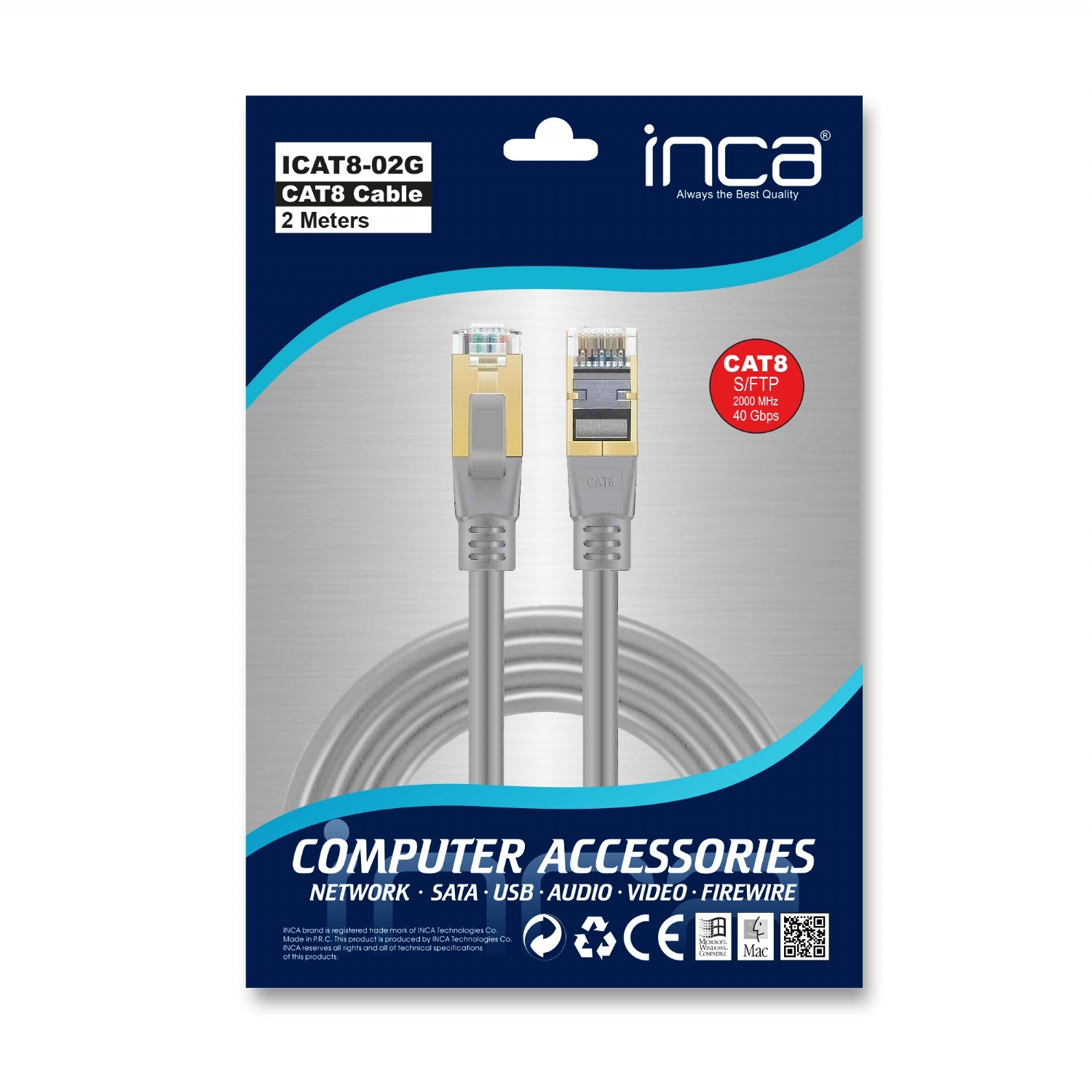 INCA 2metre CAT8 S/FTP ICAT8-02G Gri Patch Kablo
