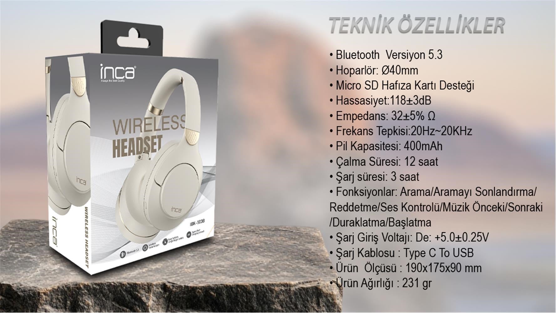 Inca IBK-503B Beyaz 5.3 Bluetooth Wireless Kulaklık Micro Sd Kulaklık 400mah Type-c To USB