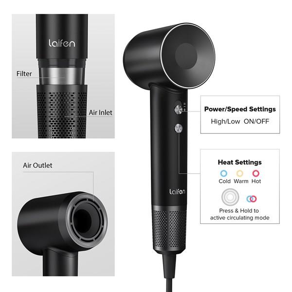 LAIFEN Swift Siyah 1600W 3 Başlıklı Yüksek Hızlı Saç Kurutma Makinesi