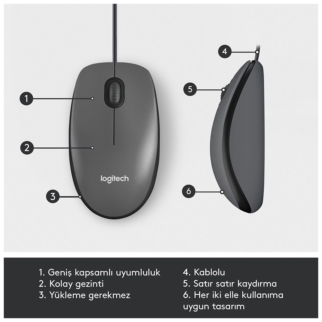 LOGITECH 910-006652, M100 Siyah, USB Kablolu, 1000dpi, Optik, 3 Tuşlu, Mouse