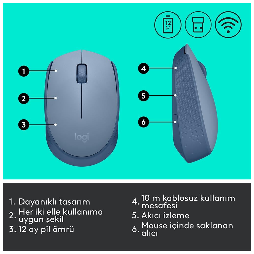 LOGITECH 910-006866, M171 BlueGrey, USB Nano 2,4G Kablosuz, 1000dpi, Optik, 3 Tuşlu, 12ay Pil Ömrü, Mouse