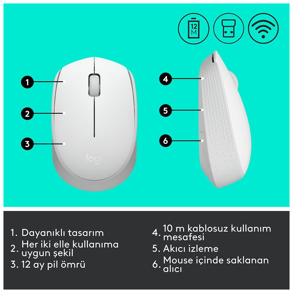 LOGITECH 910-006867, M171 White, USB Nano 2,4G Kablosuz, 1000dpi, Optik, 3 Tuşlu, 12ay Pil Ömrü, Mouse