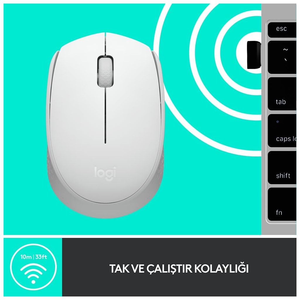 LOGITECH 910-006867, M171 White, USB Nano 2,4G Kablosuz, 1000dpi, Optik, 3 Tuşlu, 12ay Pil Ömrü, Mouse