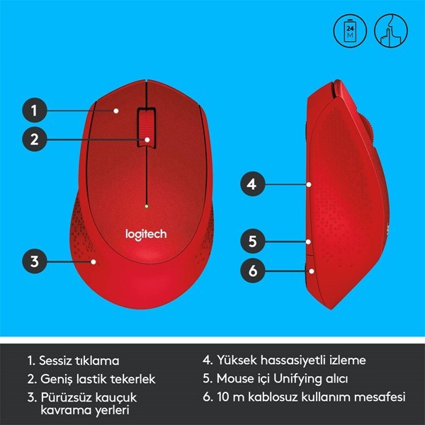 LOGITECH M330 Kablosuz Kırmızı Mouse Sessiz 910-004911