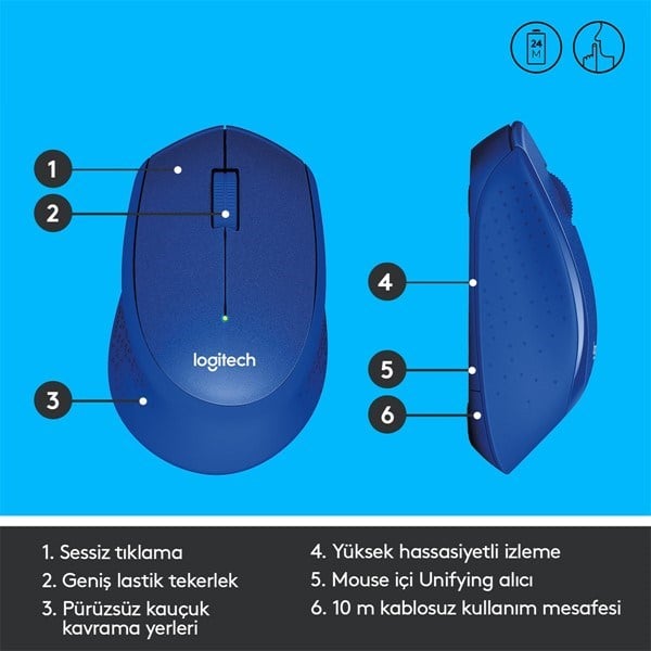 LOGITECH M330 Kablosuz Sessiz Optic Mavi Mouse 910-004910