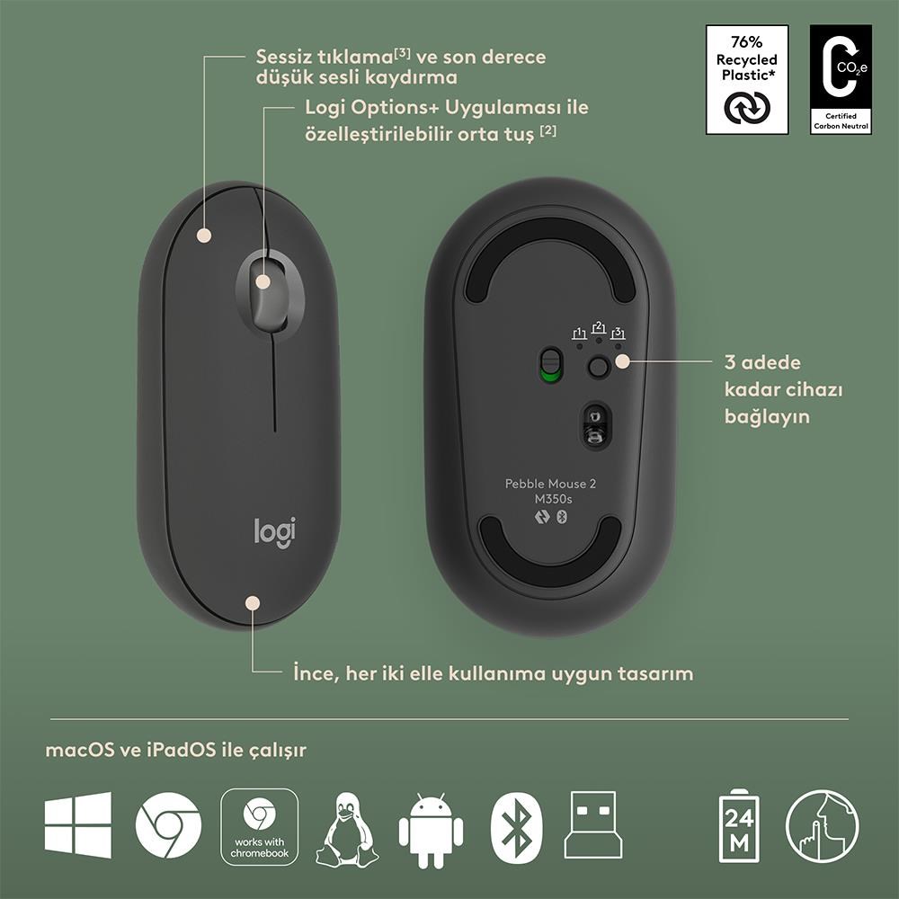 LOGITECH Pebble 2 Bluetooth Grafit Multi-Device Klavye - Mouse Set 920-012245