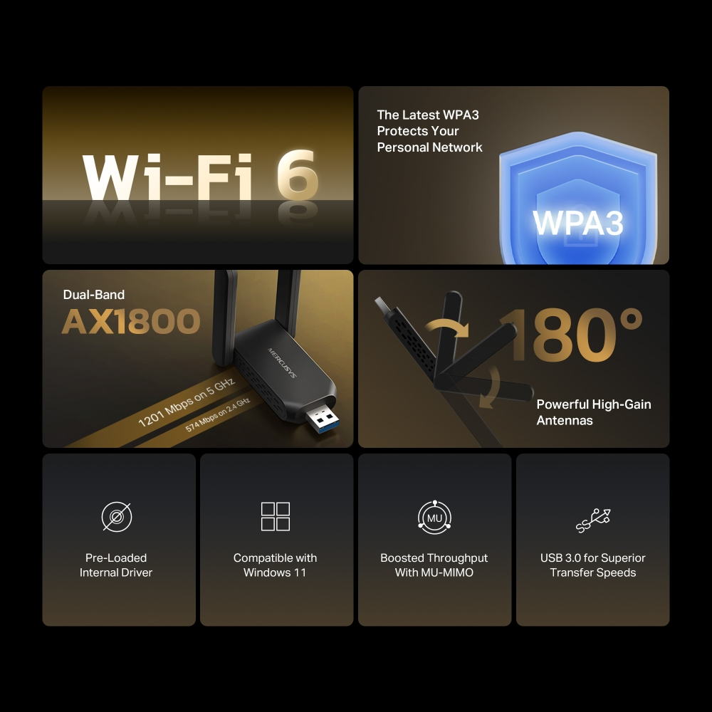 MERCUSYS MA72XH WIFI6 AX1800 Çift Bant Usb Kablosuz Ağ Adaptörü