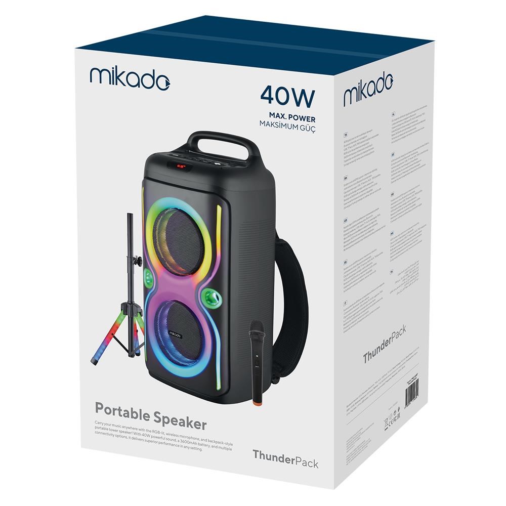 Mikado MD-66BT ThunderBag 40W 3600mAh Çanta Taşıma Özellikli USB-BT-TF-TWS  Işıklı Kablosuz Mikrofon