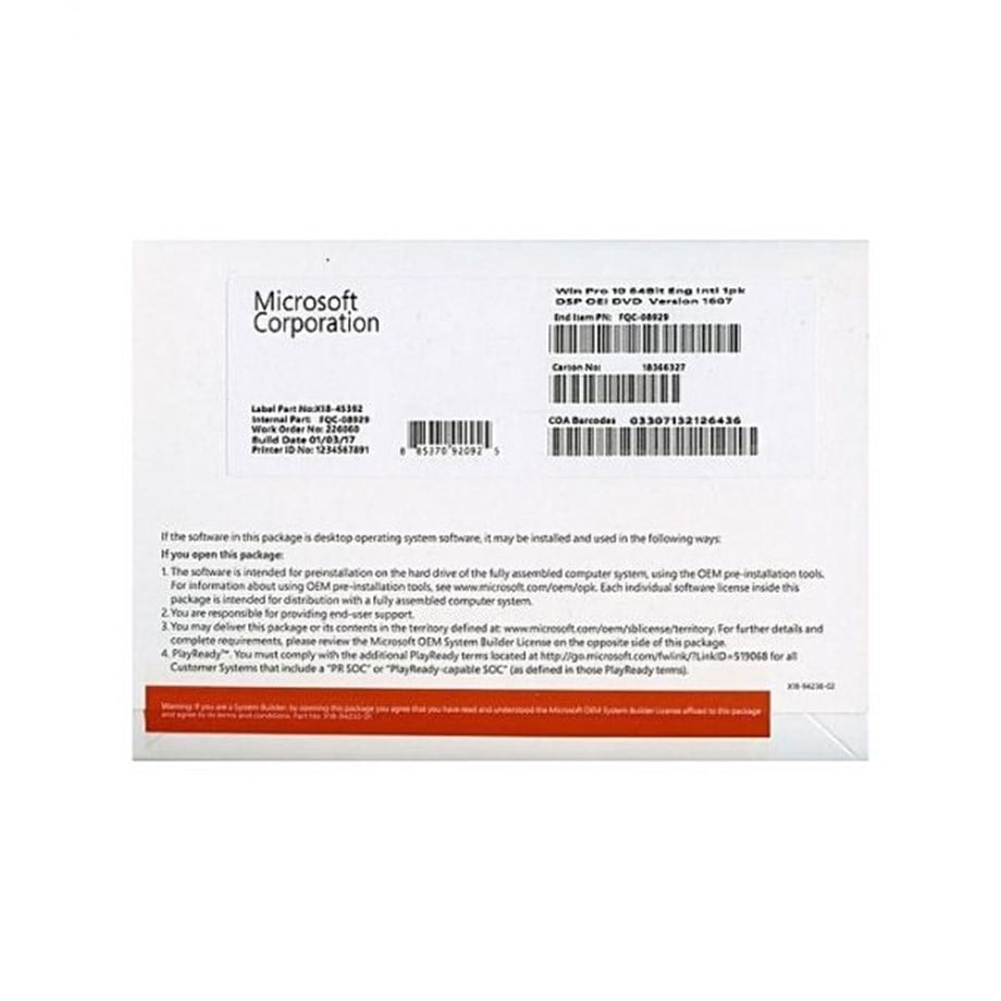 MS WİNDOWS 10 PRO DSP OEI 64/BİT TRK DVD FQC-06929