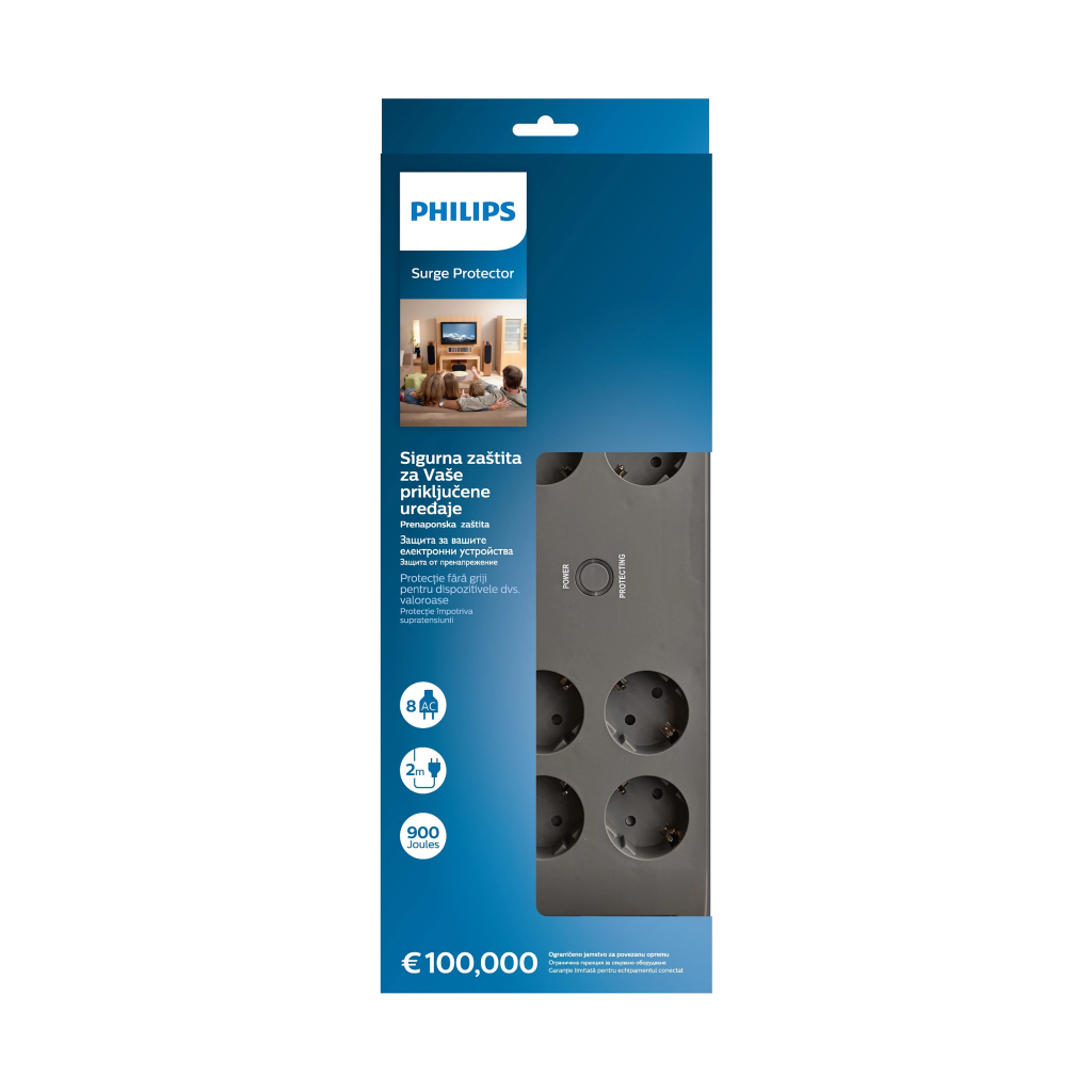 PHILIPS SPN3180A/62, 8 Soket, Akım Korumalı Priz, 2400 Joules, 2Mt Kablo, (Gri)