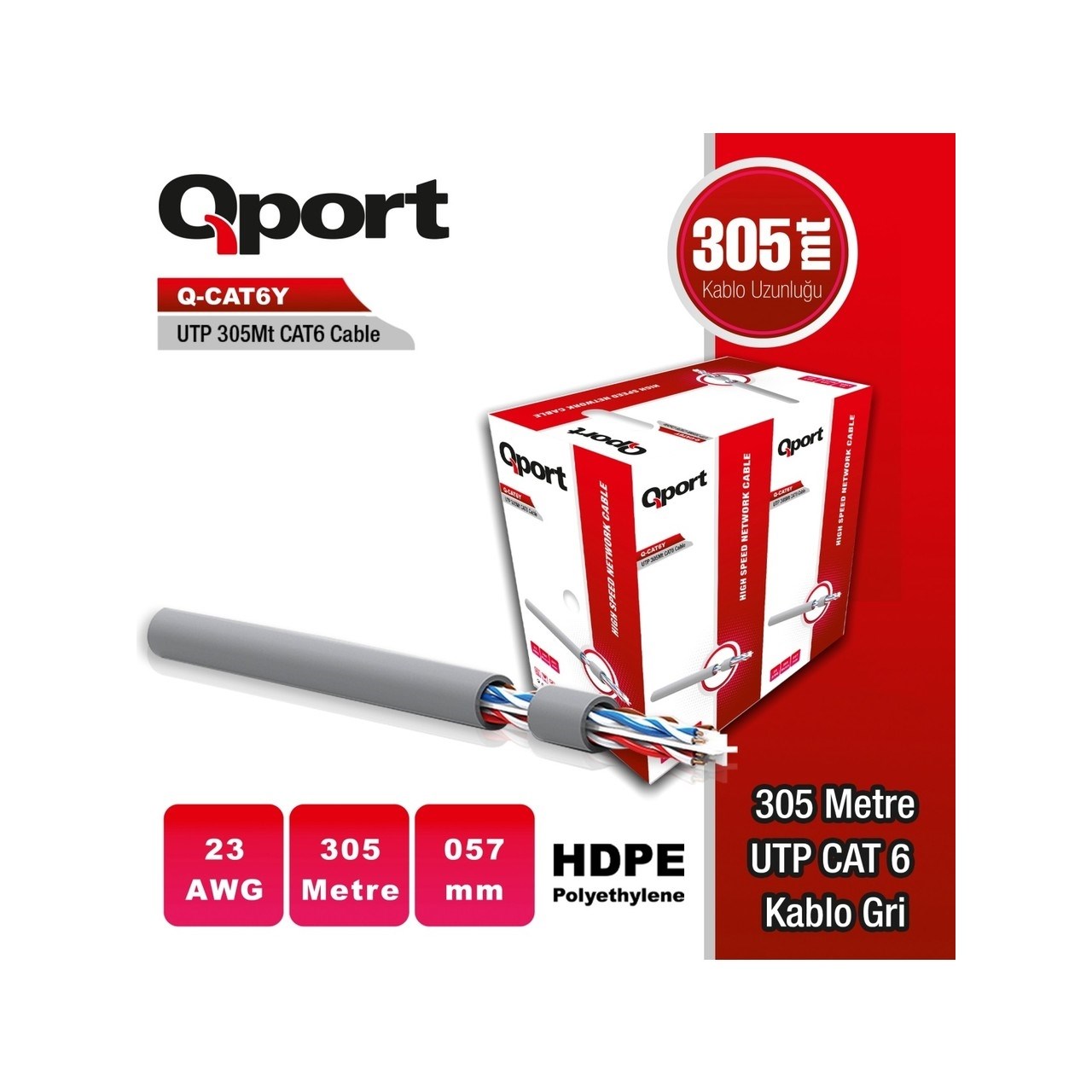 QPORT Q-CAT6Y 305 MT UTP PE CAT6 NETWORK KABLO GRI 23AWG 0.57MM
