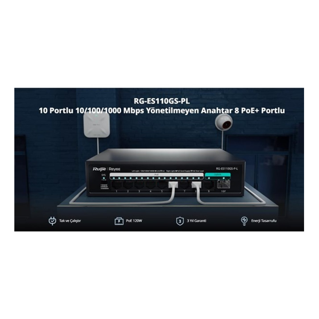 RUIJIE REYEE RG-ES110GS-P-L 10 Port, 8 Port  Gigabit PoE, 120W, 1 Port SPF, 1 Port Gigabit Uplink, Switch