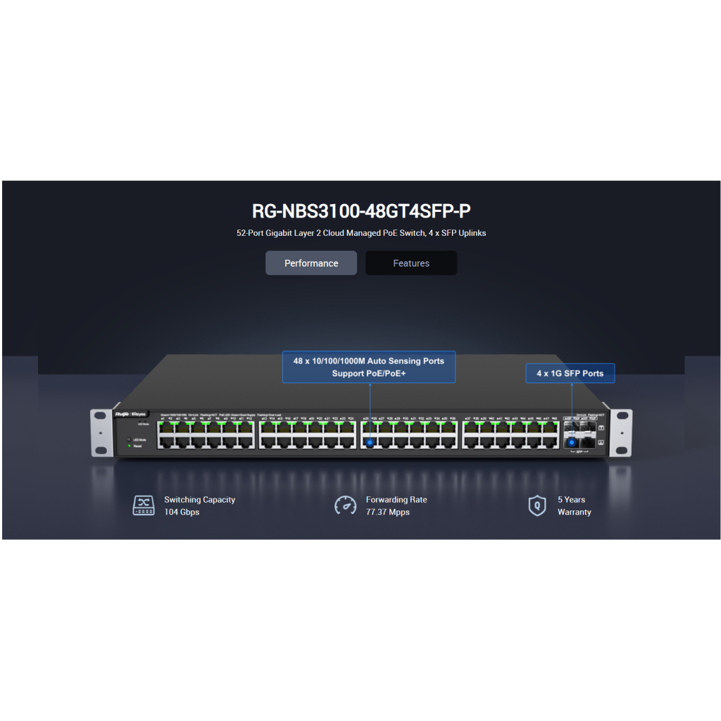 RUIJIE REYEE RG-NBS3100-48GT4SFP-P  48 Port  GigaBit PoE,  370W, 4Port SFP, L2 Yönetilebilir Switch  Metal Kasa