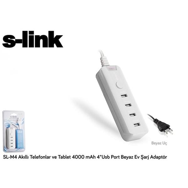 S-link SL-M4 Akıllı Telefonlar ve Tablet 4000mAh 4*Usb Port Beyaz Ev Şarj Adaptör