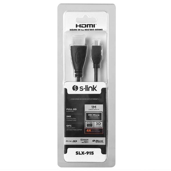 S-link SLX-915 HDMI M to Micro HDMI 1m Altın Uçlu 24K 1.4 Ver. 3D Kablo