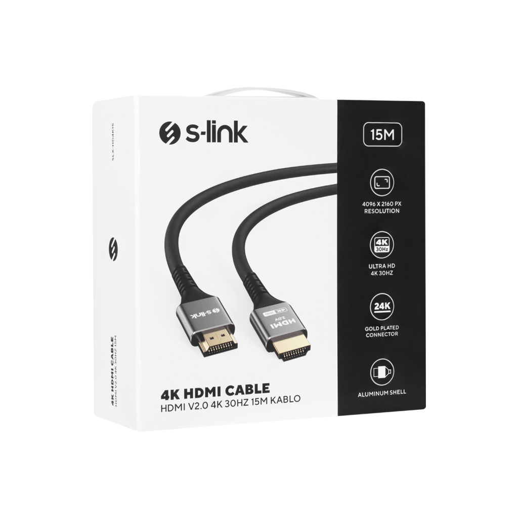 S-LINK SLX-HD4K15, 4K UHD, HDMI v2.0, 15mt. 30Hz. Metal Uçlu, Kablo