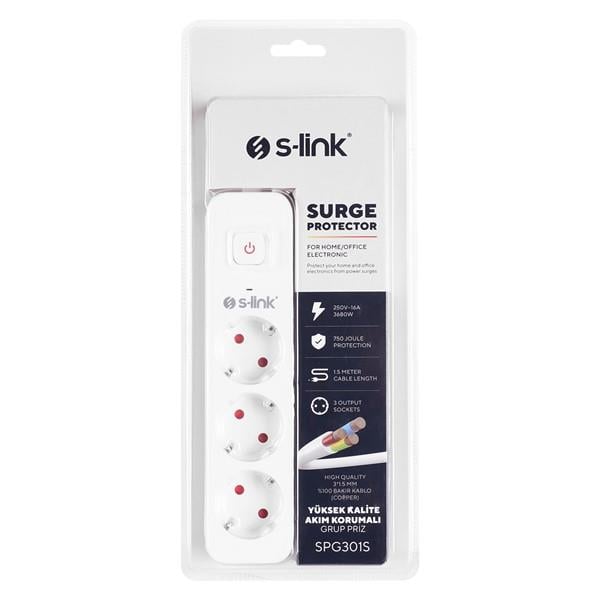 S-link SPG301S 1.5m 3x1.5mm 100% Bakır 750 Joule 3 lü Anahtarlı Akım Korumalı Priz