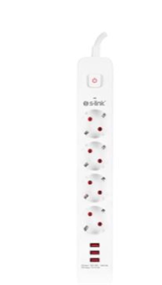 S-link SPG403U 1.5m 1.5mm 100 yüzde  Bakır 750 Joule 3 Usb 5V2.4A 4lü Anahtarlı Akım Korumalı Priz