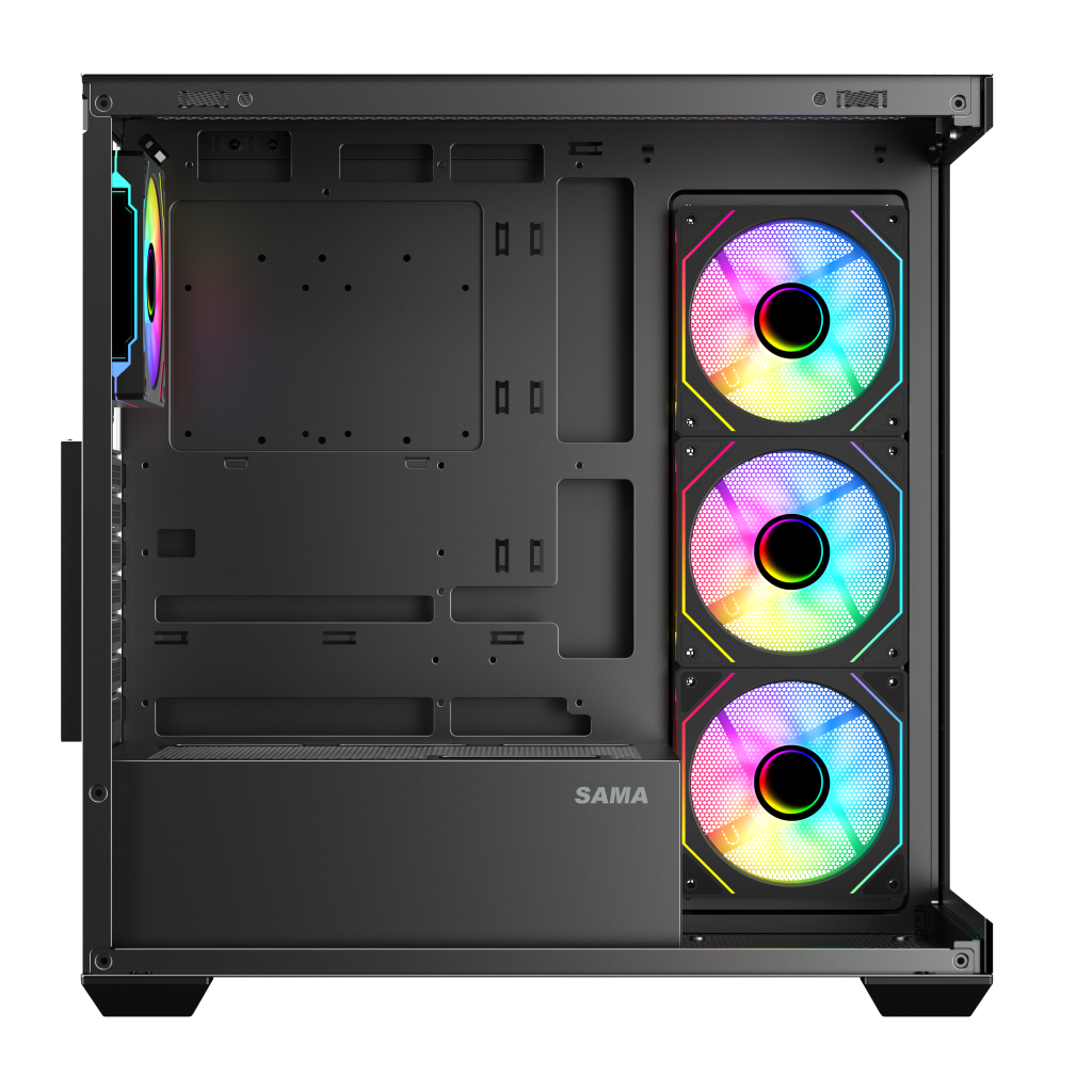 SAMA SV01BK Black, B750BK 750W, 80+ Bronze, PCIE 5.1, ATX3.1, Tempered Glass Panel, Panoramic Tasarım, Type-C, 4x120mm ARGB Fan, ATX, GAMING KASA