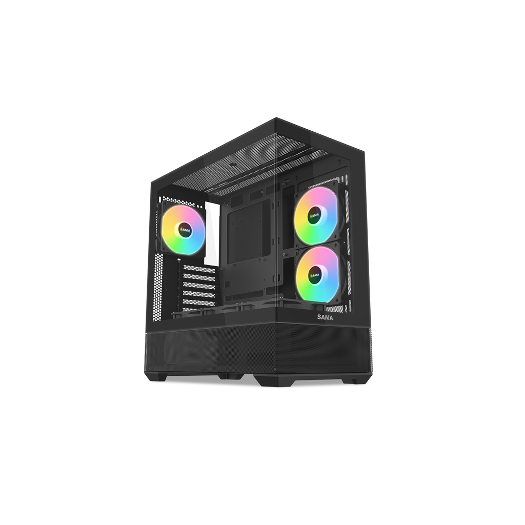 SAMA V40BK Black, B750BK 750W, 80+ Bronze, PCIE 5.1, ATX3.1, Tempered Glass Panel, Panoramic Tasarım, Type-C, 6x120mm ARGB Fan, ATX, GAMING KASA