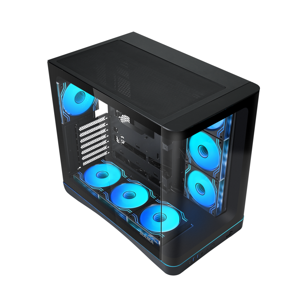 SAMA V62BK Black, B850BK 850W, 80+ Bronze, PCIE 5.1, ATX3.1, Tempered Glass Panel, Panoramic Tasarım, Type-C, 7x120mm ARGB INFINITY Fan, ATX, GAMING KASA