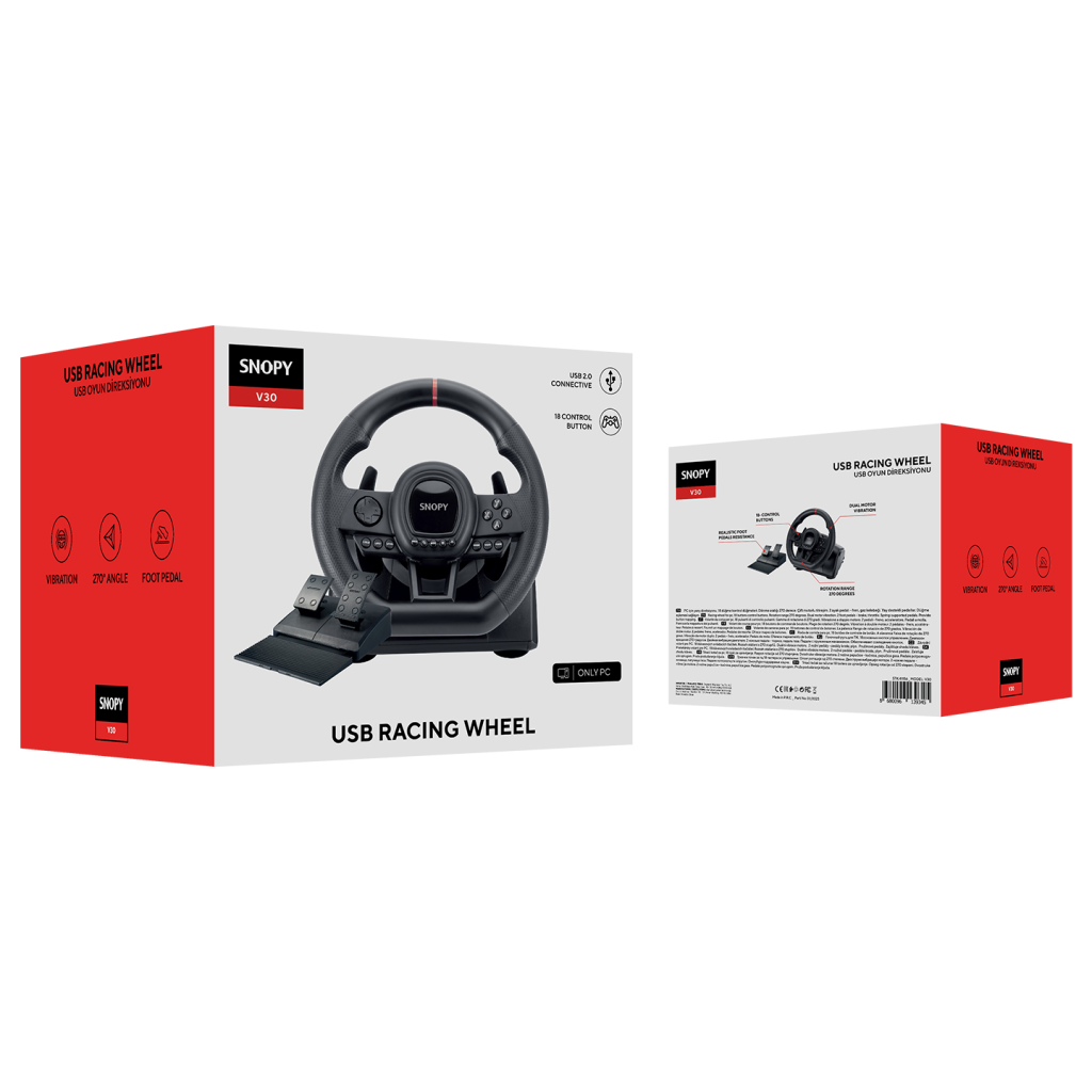 SNOPY V30 ONLY PC, Direksiyon, Pedal, Titreşimli, Gaming Oyuncu Direksiyonu