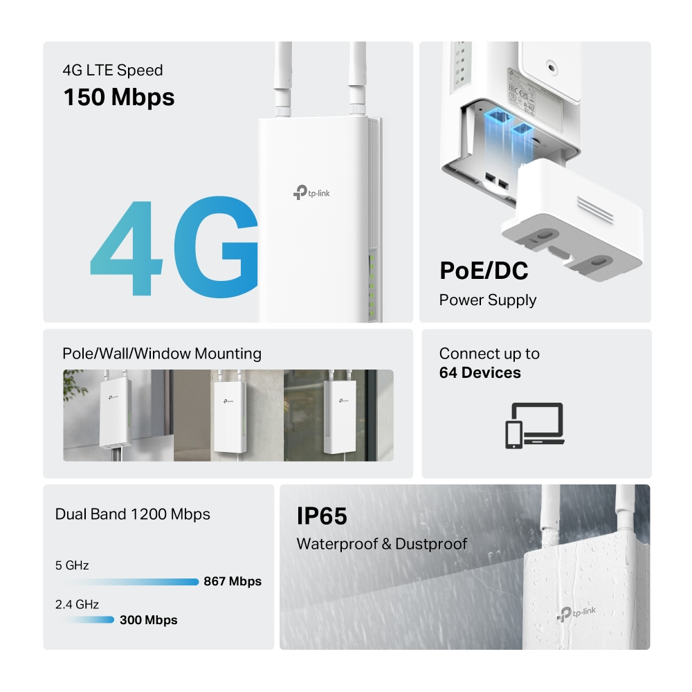 TP-LINK ARCHER MR402 OUTDOOR 4G LTE AC1200 Çift Bant Harici Access Point