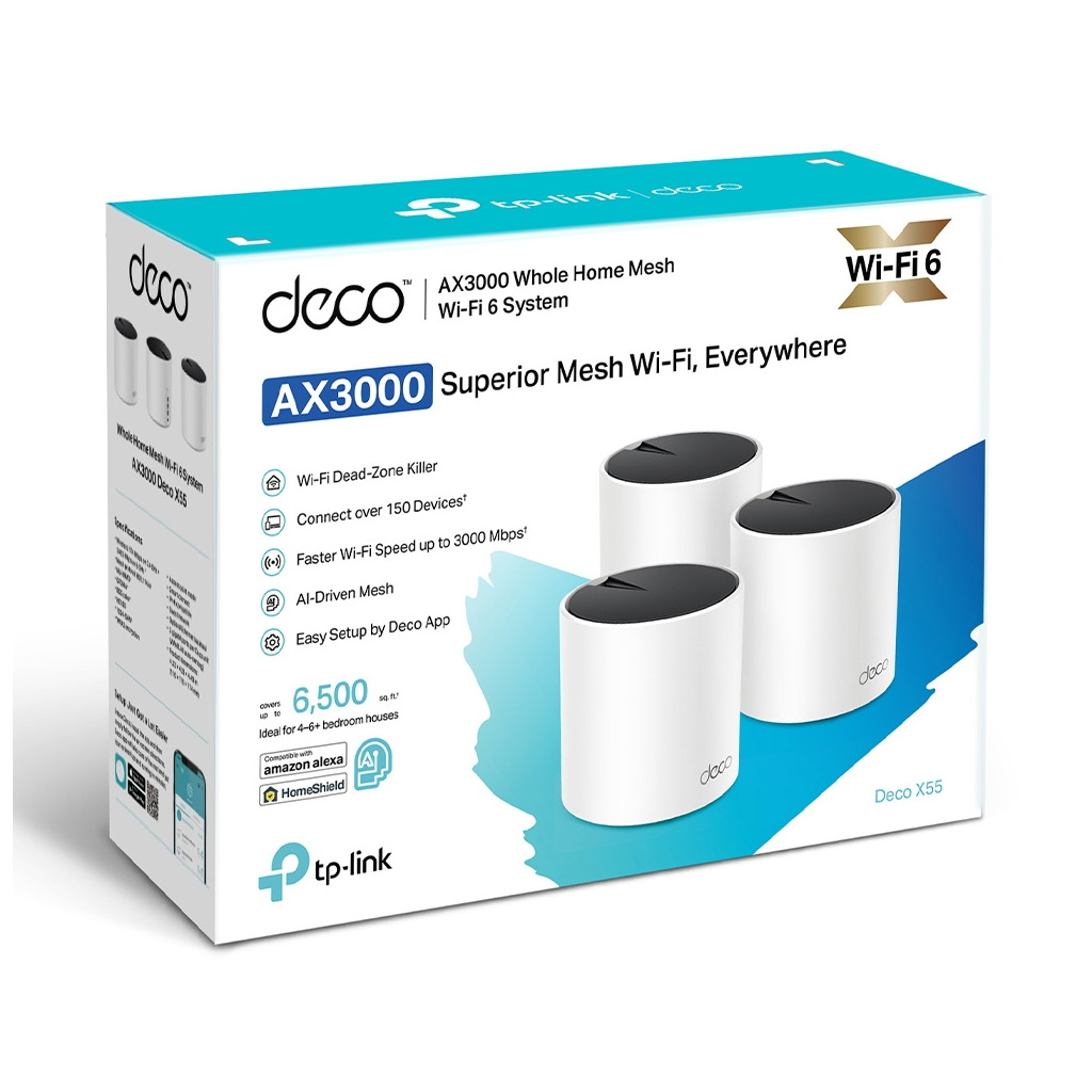TP-LINK DECO-X55, AX3000, Üçlü Mesh, 3000Mbps, Dual Band, WiFi6, 3Port Gigabit Lan, 600m2 Çekim Alanı, Router, Geniş Alan İnternet Ağı Sağlayıcısı