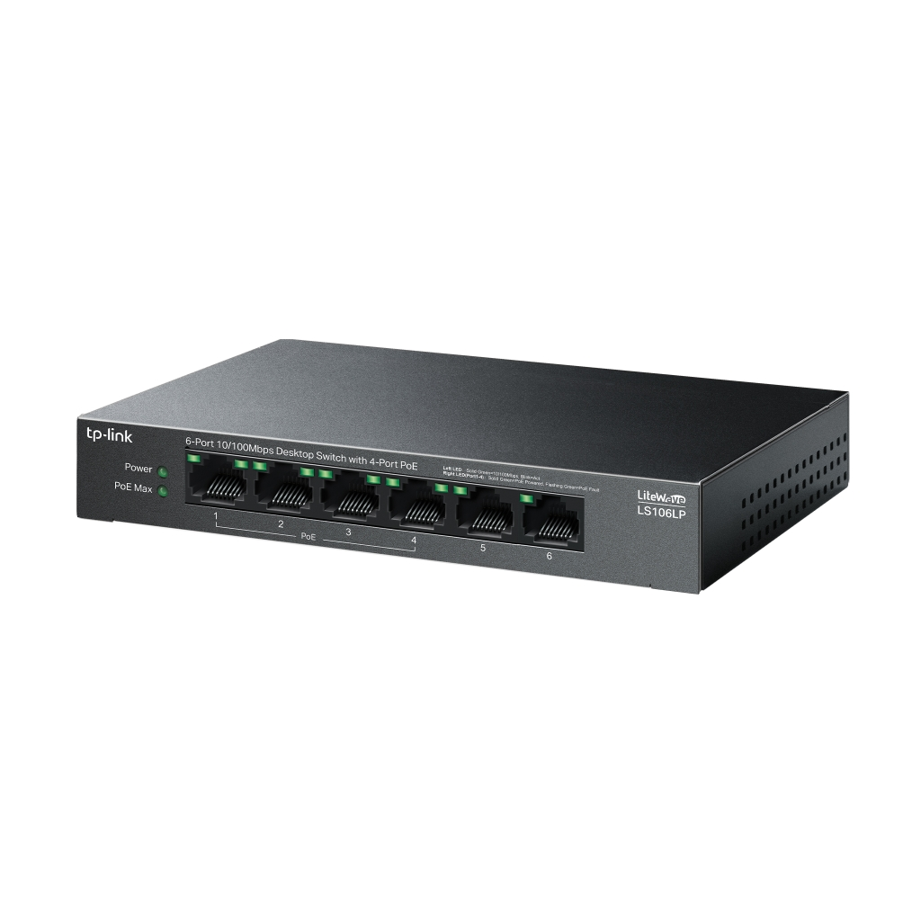 TP-LINK LS106LP, Green Tech, 6 Port, MegaBit, 4 Port PoE 41W, Metal Kasa, Yönetilemez, Masaüstü Switch