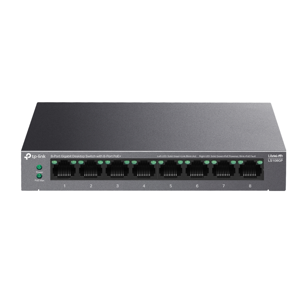 TP-LINK LS108GP, Green Tech, 8 Port GigaBit, 8 Port Poe, 62W, Yönetilemez, Metal Kasalı Switch